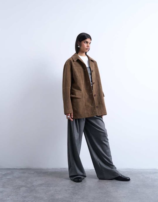 Topshop premium real suede patch pocket boxy jacket in tan - Image 2