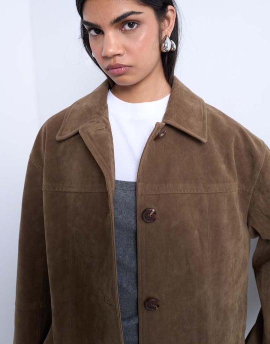 Topshop premium real suede patch pocket boxy jacket in tan - Image 3