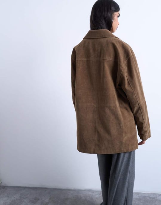 Topshop premium real suede patch pocket boxy jacket in tan - Image 4