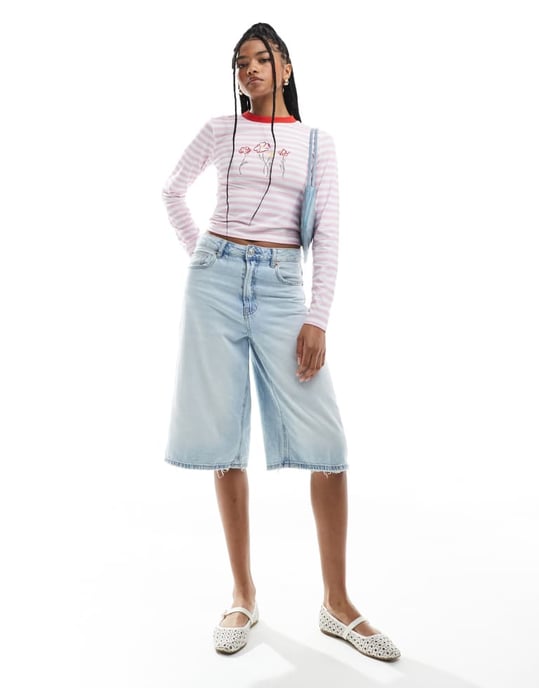 ASOS DESIGN stripe fitted top with contrast ringer and floral embriodery in pink - Image 2