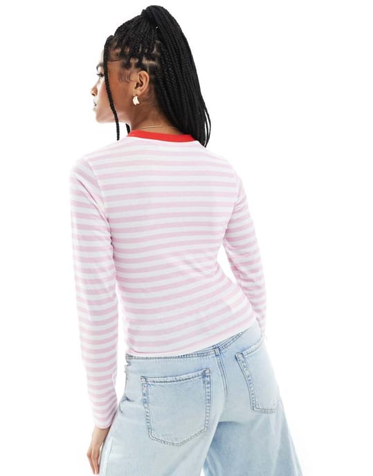 ASOS DESIGN stripe fitted top with contrast ringer and floral embriodery in pink - Image 3