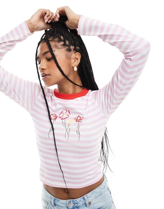ASOS DESIGN stripe fitted top with contrast ringer and floral embriodery in pink - Image 4