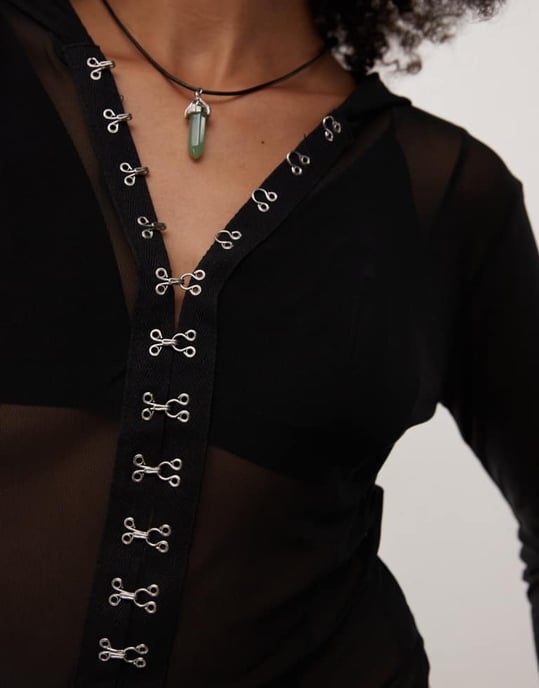 COLLUSION mesh hooded jacket with hook and eye detailing in black - Image 2