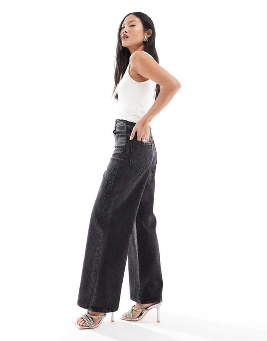 ONLY Petite Hope vida jeans med rhinstenar i tvättad svart - Image 3