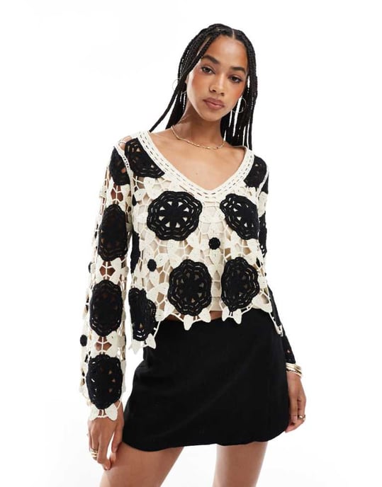 Object premium long sleeve crochet top in monochrome - Image 1