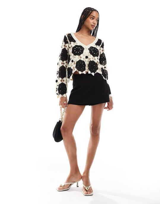 Object premium long sleeve crochet top in monochrome - Image 3