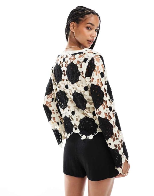 Object premium long sleeve crochet top in monochrome - Image 4
