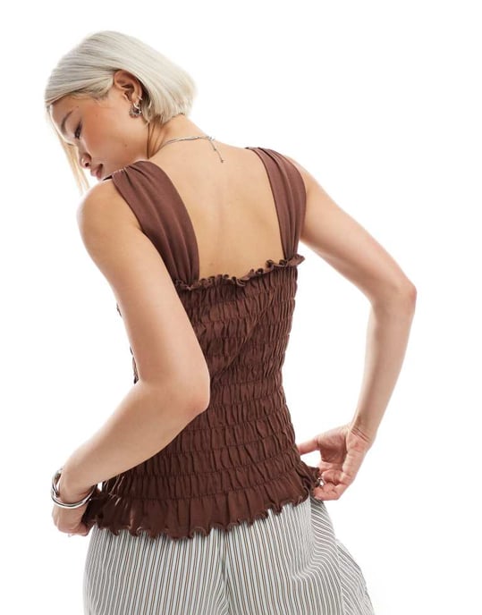 ASOS DESIGN wide strap shirred top in brown - Image 3