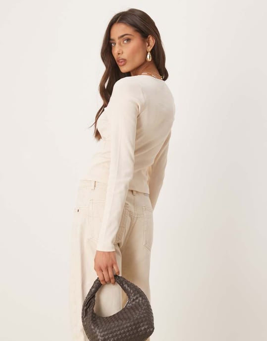 ASOS DESIGN ribbed long sleeve top with lace and button detail in cream - Image 2