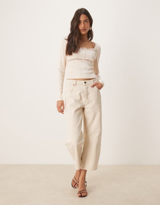 ASOS DESIGN ribbed long sleeve top with lace and button detail in cream - Image 3