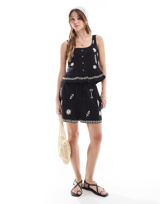 Object embroidered buttondown jersey top co-ord in black - Image 2