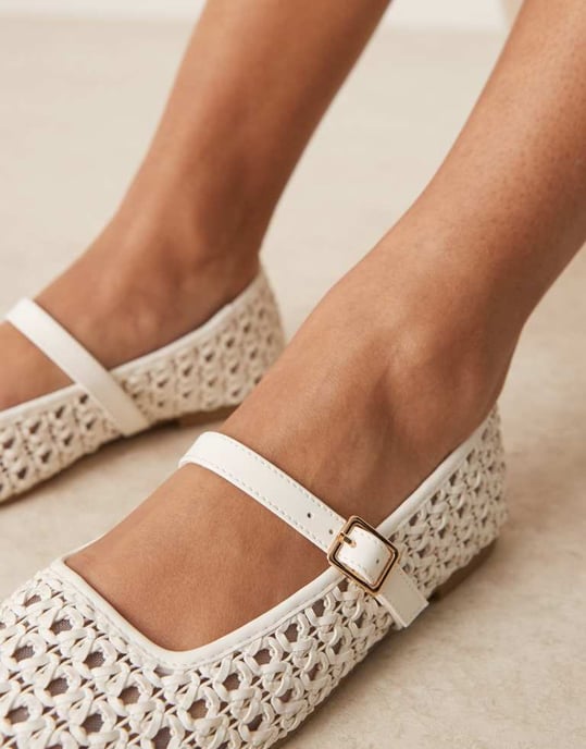 ASOS DESIGN Vid Passform Lottie mary jane balett i off-white väv - Image 2
