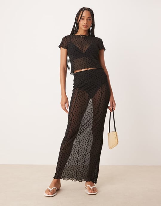 ASOS DESIGN floral flocked sheer mesh maxi skirt in black - Image 1