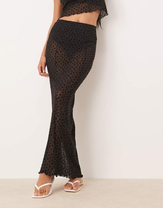 ASOS DESIGN floral flocked sheer mesh maxi skirt in black - Image 2