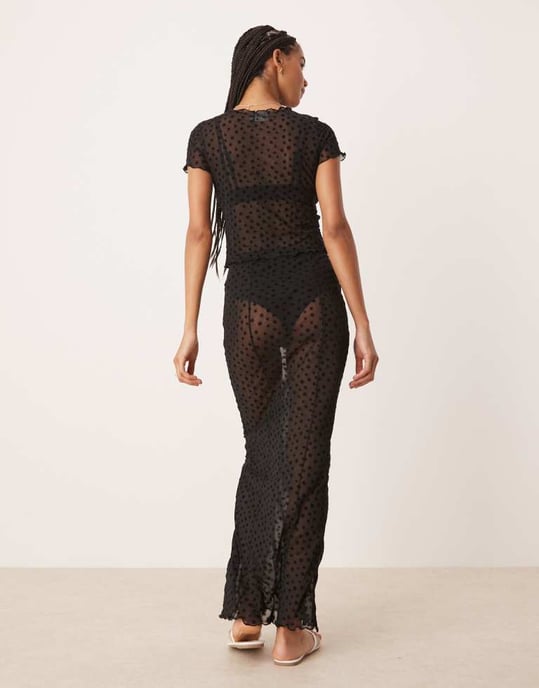 ASOS DESIGN floral flocked sheer mesh maxi skirt in black - Image 4