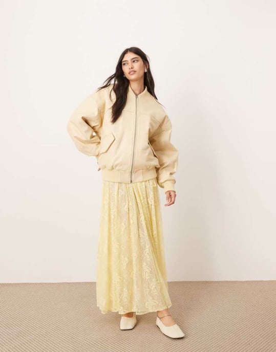 ARRANGE lace drawstring detail volume maxi skirt in lemon - Image 1