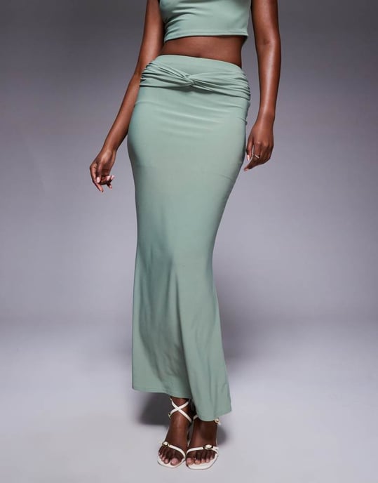 Missyempire double sculpted slinky knot front maxi skirt co-ord in sage - Image 2