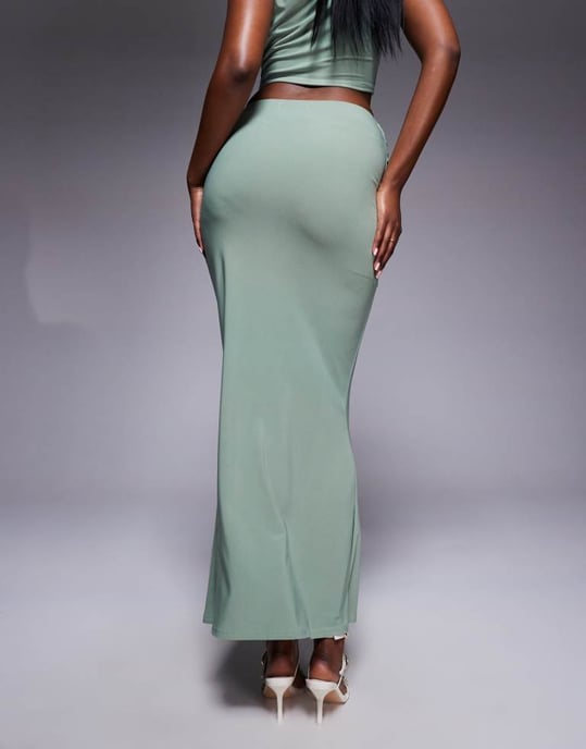 Missyempire double sculpted slinky knot front maxi skirt co-ord in sage - Image 3