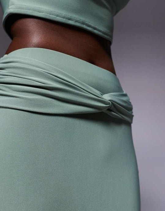 Missyempire double sculpted slinky knot front maxi skirt co-ord in sage - Image 4