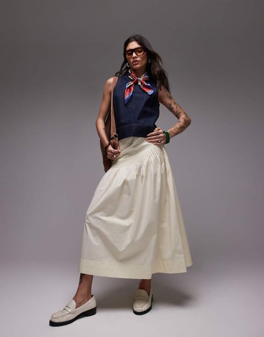 Topshop pintuck poplin full skirt in buttermilk - Image 1