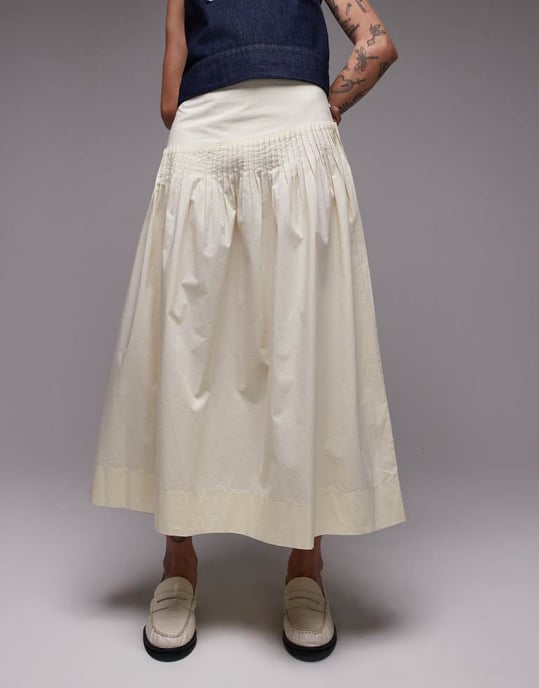 Topshop pintuck poplin full skirt in buttermilk - Image 4