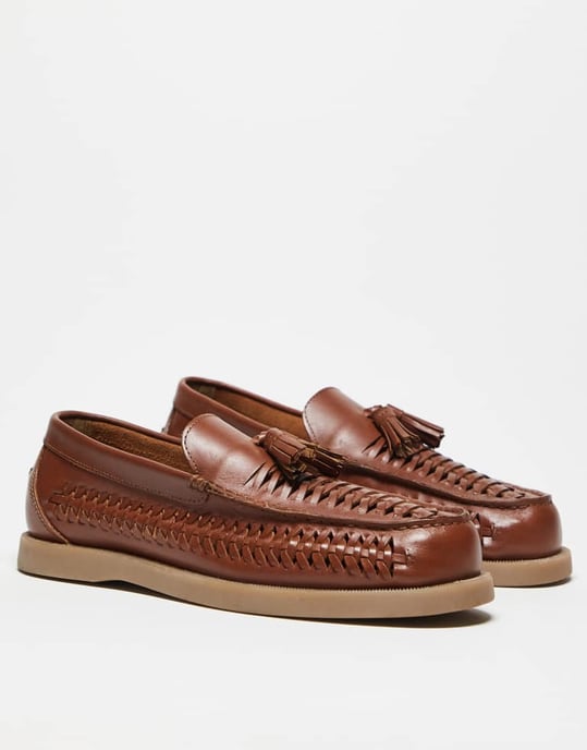 ASOS DESIGN loafers i tan läder med vävning - Image 3