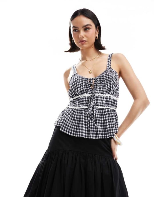 ASOS DESIGN milkmaid top in gingham with ricrac trims in navy gingham - Image 1