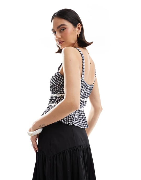 ASOS DESIGN milkmaid top in gingham with ricrac trims in navy gingham - Image 2