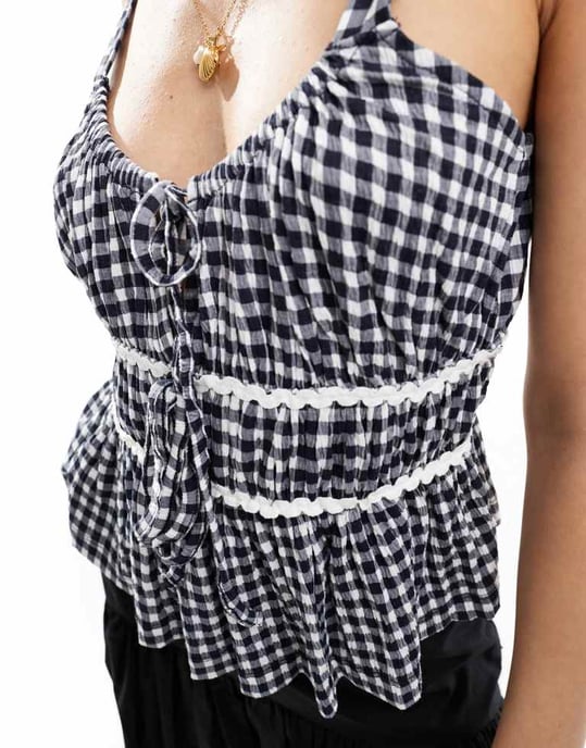 ASOS DESIGN milkmaid top in gingham with ricrac trims in navy gingham - Image 4