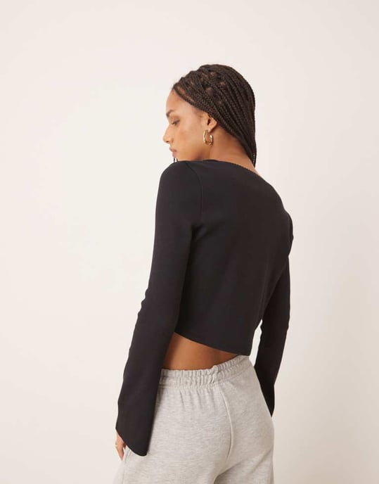 ASOS DESIGN ribbed long sleeve boxy crop top with trim detail in black - Image 2