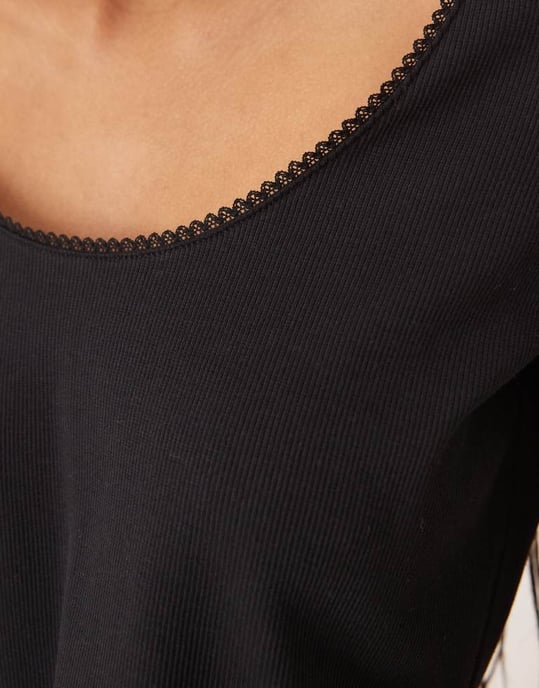 ASOS DESIGN ribbed long sleeve boxy crop top with trim detail in black - Image 3