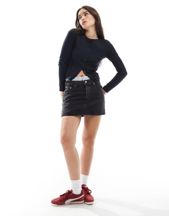 Levi's pointelle long sleeve button front top in black - Image 2