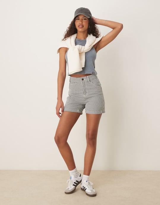 Dickies hickory randiga snickarshorts i marinblått - Image 2