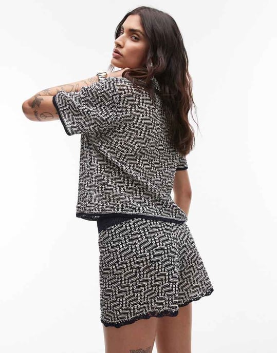 Topshop stickad virkad mönster kort co-ord i multifärg - Image 2