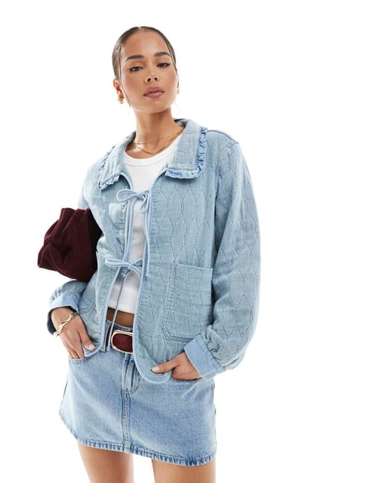 ONLY quilted tie front shacket with frill collar detail in light blue denim - Image 1