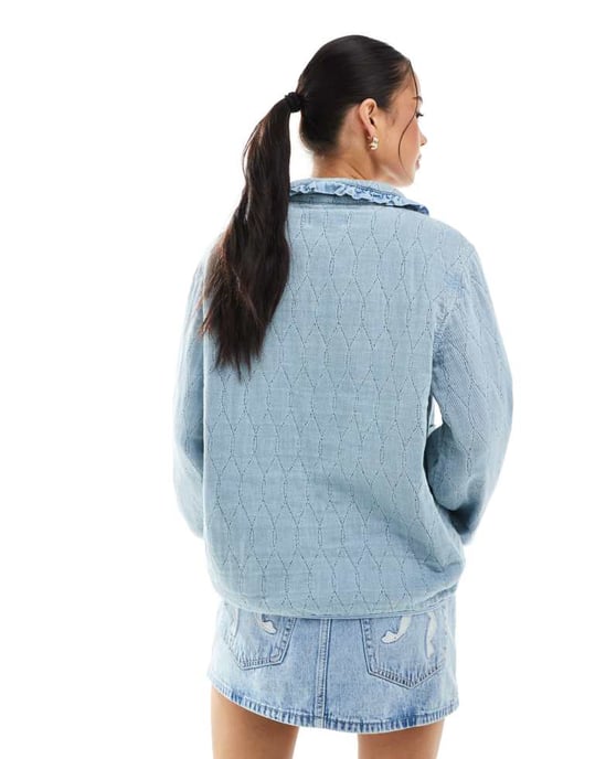 ONLY quilted tie front shacket with frill collar detail in light blue denim - Image 3
