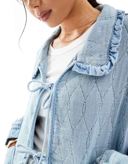 ONLY quilted tie front shacket with frill collar detail in light blue denim - Image 4