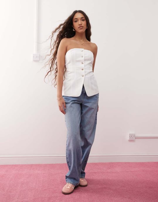 Miss Selfridge bandeau blazer top with heart buttons in white - Image 2