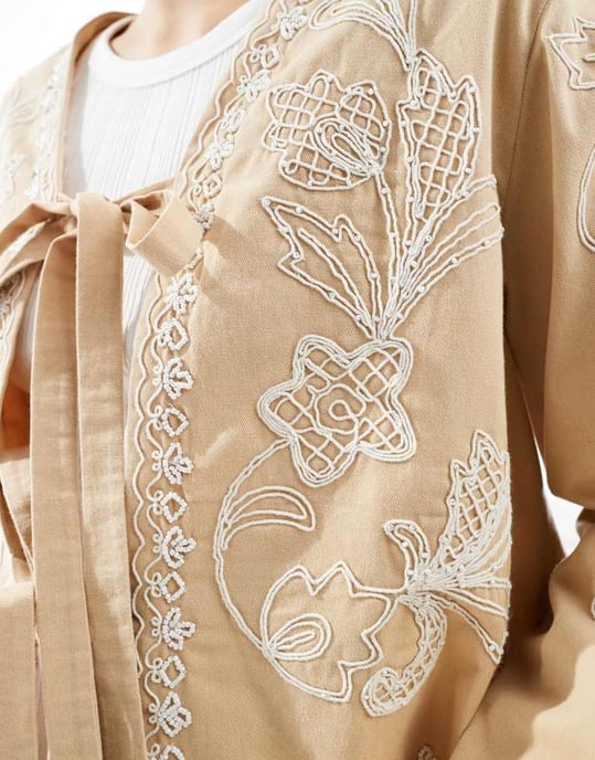 ASOS DESIGN embroidered bow front cropped jacket in stone - Image 3