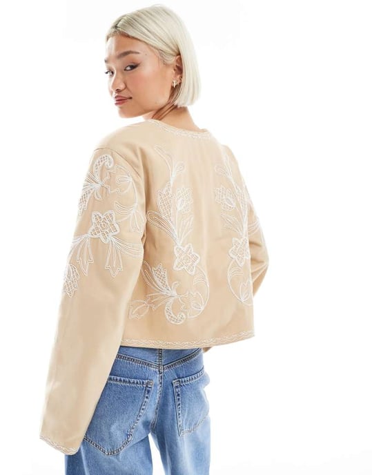 ASOS DESIGN embroidered bow front cropped jacket in stone - Image 4