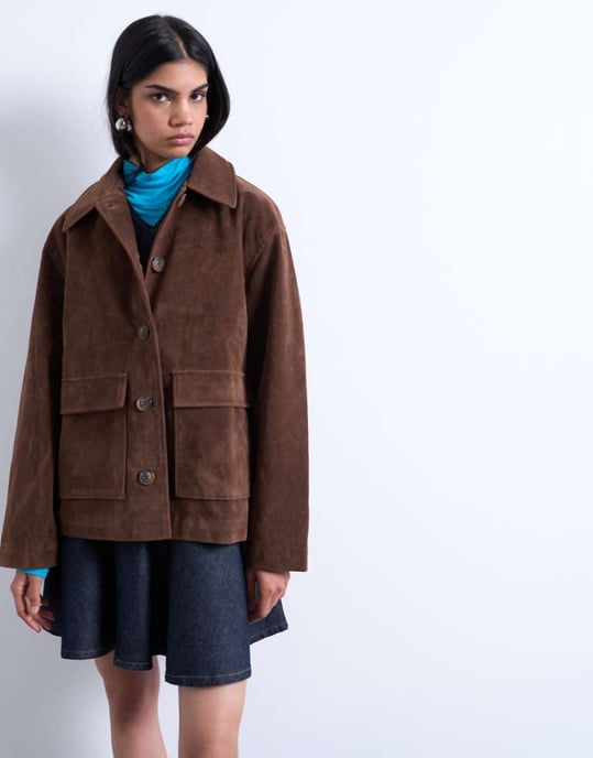 Topshop faux suede patch pocket boxy jacket in brown - Image 1