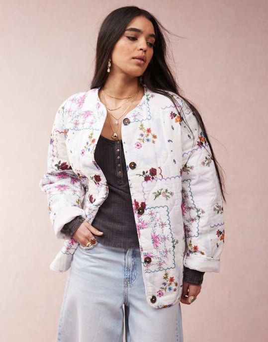 ASOS DESIGN dolphin hem collarless quilted jacket in handkerchief print - Image 1