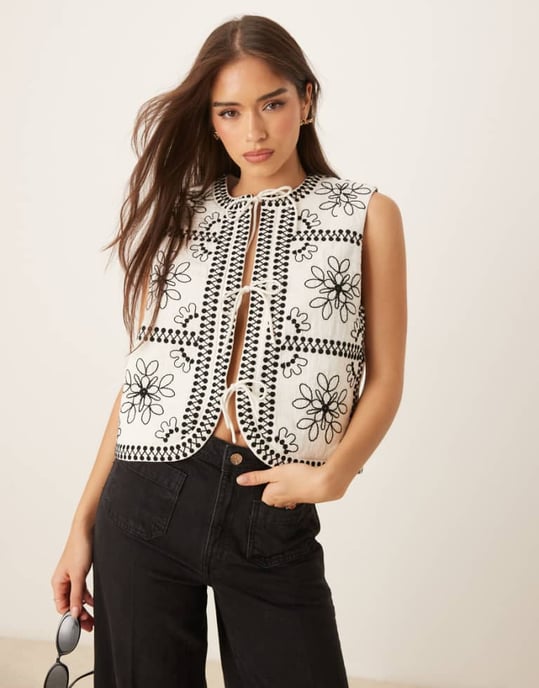 Nobody's Child Layla embroidered tie detail gilet in mono - Image 1