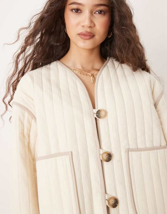 Selected quilted jacket in cream with pockets - Image 3
