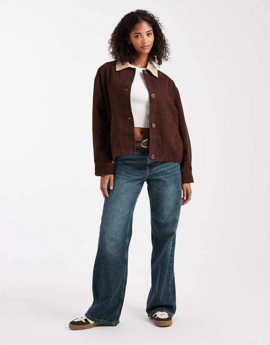 ASOS DESIGN bomber barn jacket with stone collar in chocolate - Image 3
