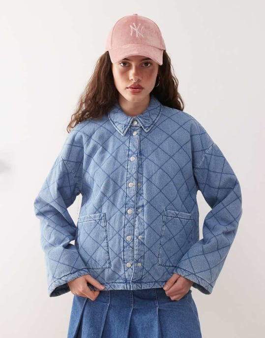 Noisy May quilted diamond denim jacket in light blue wash - Image 2