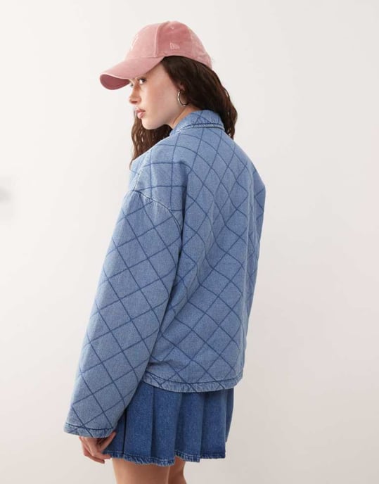 Noisy May quilted diamond denim jacket in light blue wash - Image 3