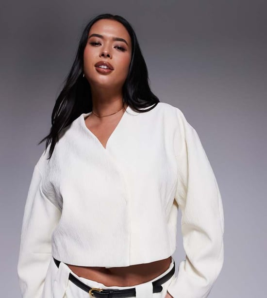 ASOS DESIGN Curve cropped textured blazer co-ord in cream - Image 1