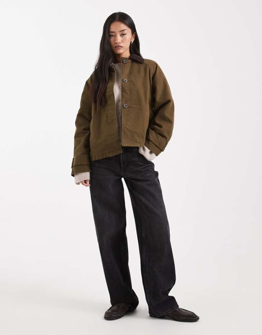 ASOS DESIGN jacket with contrast collar in khaki - Image 2