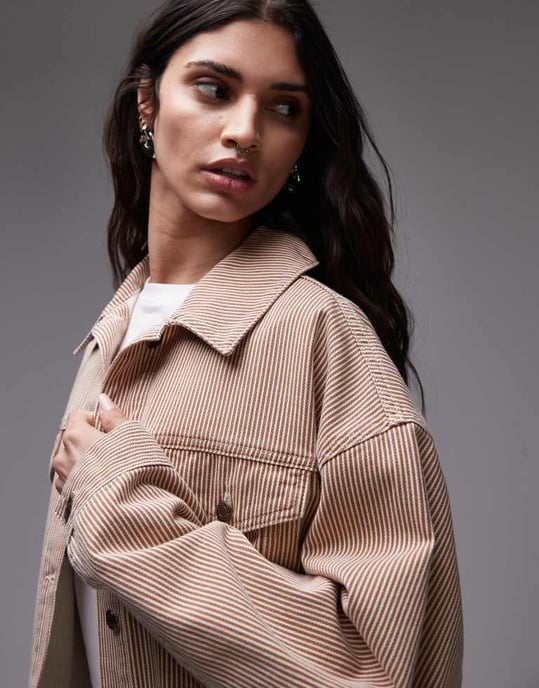 Topshop Balloon denim jacket in tan stripe - Image 2